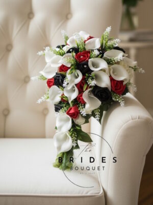 black and red rose calla lily astilbe bridal bouquet cascade tear wedding flowers artificial
