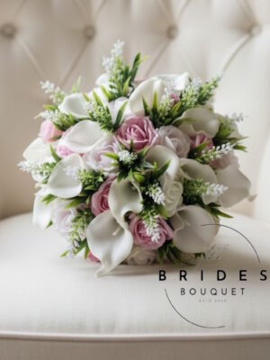 Artificial astilbe bridal bouquet with calla lilies and roses