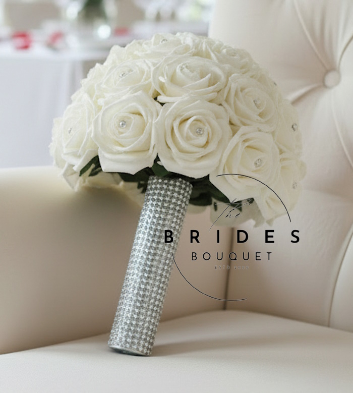 artificial rose wedding boquuet with bling diamangte ribbon handle sparkle bouquet