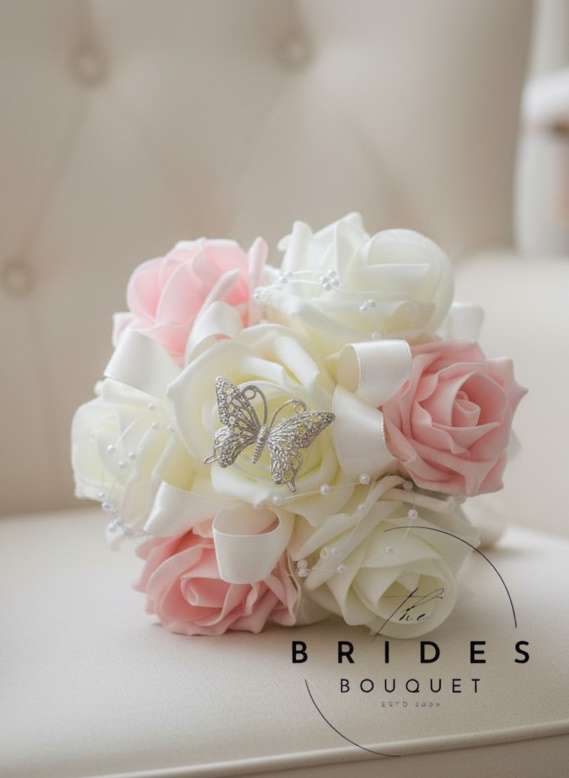 wedding bouquet for flower girls young bridesmaids with butterfly roses and ribbon twists
