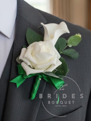 artificial rose calla lily and eucalyptus wedding buttonhole corsage green white