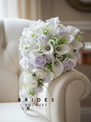Artificial teardrop wedding bouquet with roses calla lily baby’s breath and foliage