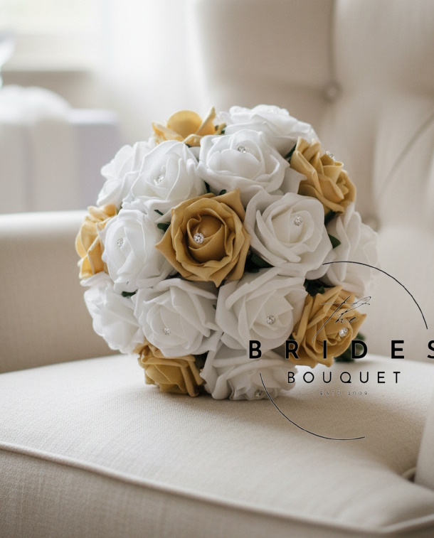 gold and ivory rose wedding bouquet faux roses uk