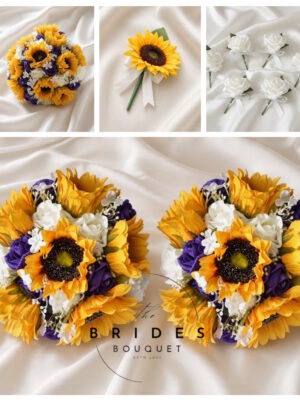 artificial sunflower wedding bouquet and buttonhole package in your colours