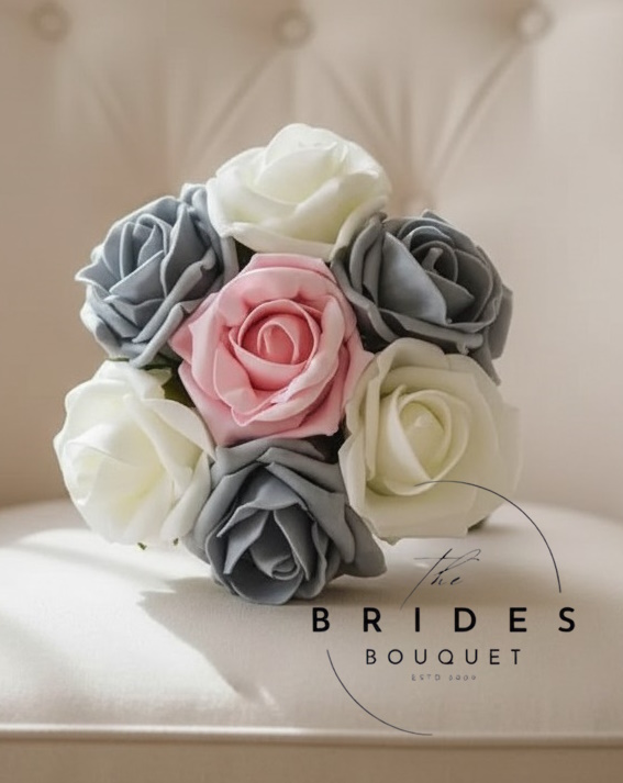 vintage pink grey ivory rose wedding bouquet flower girl posy 3 colour artificial roses