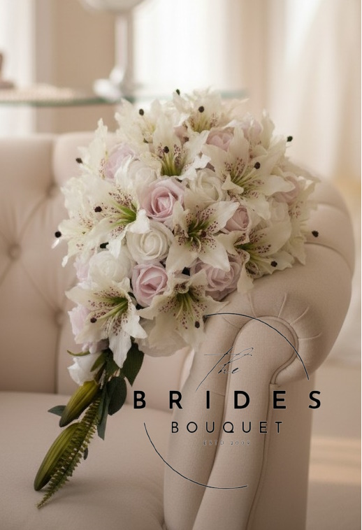 brides tear bouquets of artificial tiger lilies with roses artificial bridal flowers teardrop cascade uk