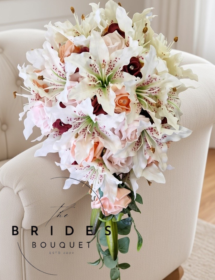 silk tiger lilac and faux rose wedding bouquet cascade of artificial flowers for bride to be