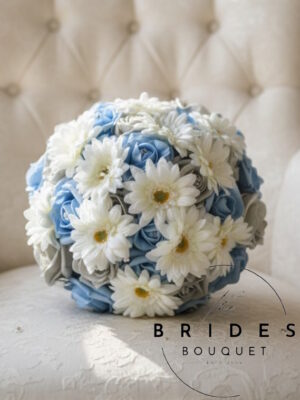 artficial bridal bouquet of mini silk gerbera daisies with faux roses wedding flowers