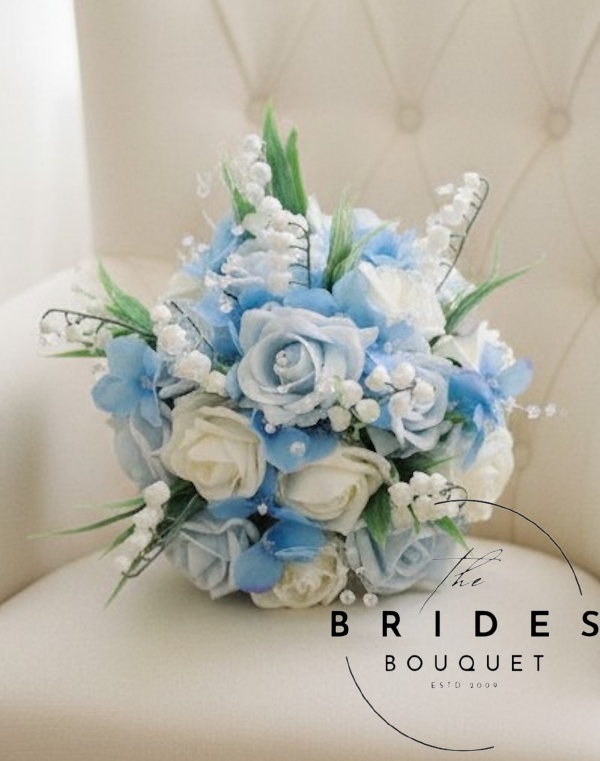 blue hydrangea and faux rose wedding bouquets with lily of the valley artificial bridal bouquets bridesmaids