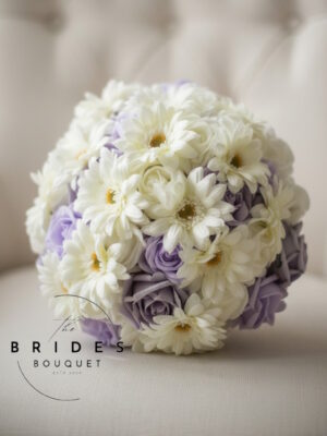 mini gerbera brides bouquet daisy roses dusky lilac ice lilac wedding flowers silk artificial