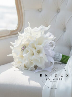 faux calla lily wedding bouquet with brooch and diamante