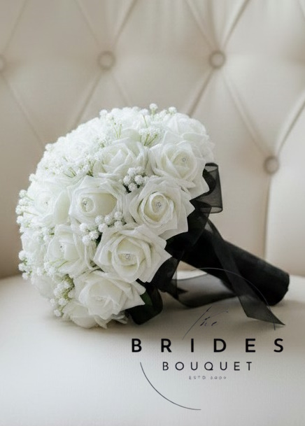 bridal bouquet of fake roses with gypsophilia baby breath gyp
