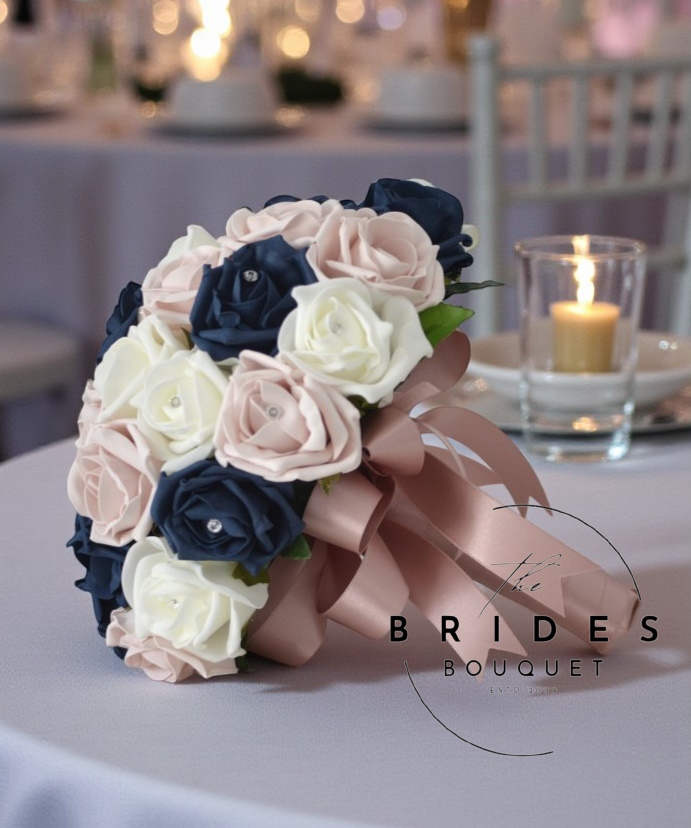 navy and rosegold wedding bouquet of roses artificial bridal flowers by the brides bouquet uk any colour wedding bouquets artificial roses in your choice of 3 rose shades faux bridal bouquets low cost weddings