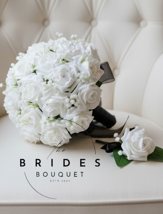 rose and baby breath wedding bouquet and buttonhole set any colour artificial roses uk