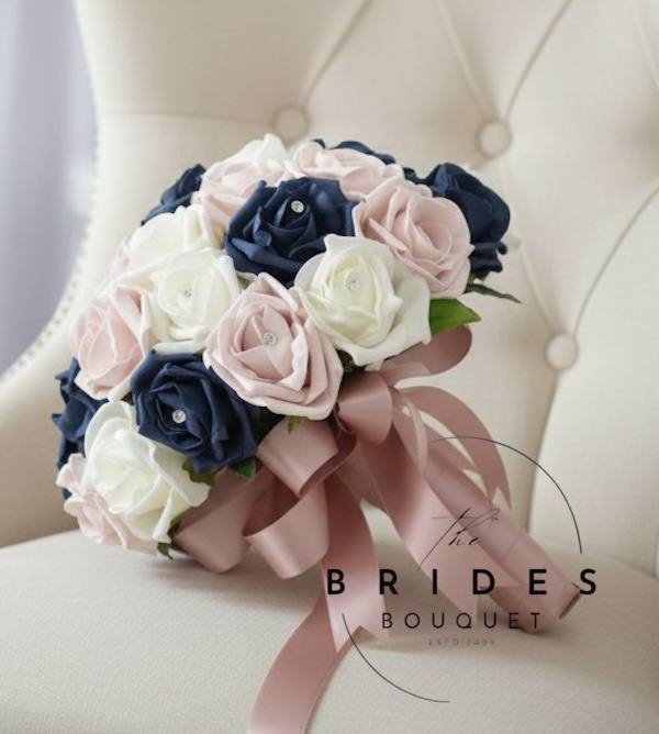 rosegold and navy foam rose bridal bouquet uk