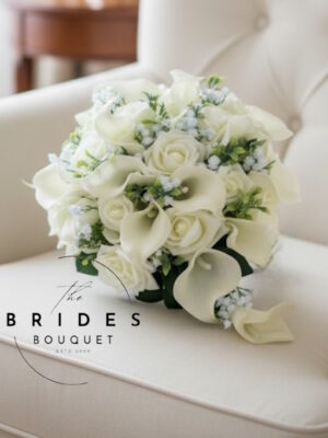 small bridal tear bouquets of artificial calla lily and roses