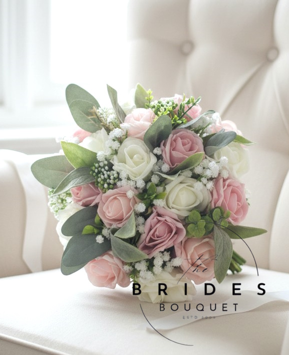 artificial rose bridesmaids bouquets with natrual look foliage and gypsophila wedding flowers with lambs ear