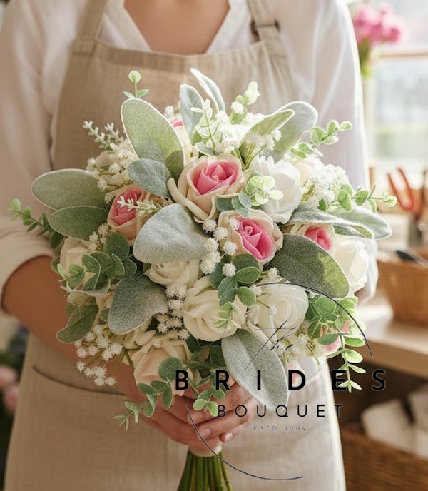 bridal bouquet of roses with lambs ear gyp and faux flowers uk