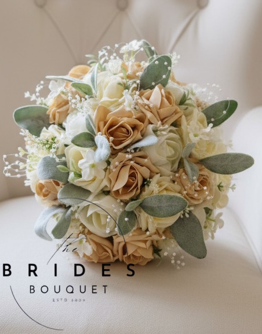 gold vanilla and ivory rose wedding bouquet with natural look foliage and pearls felicity range by the brides bouquet uk