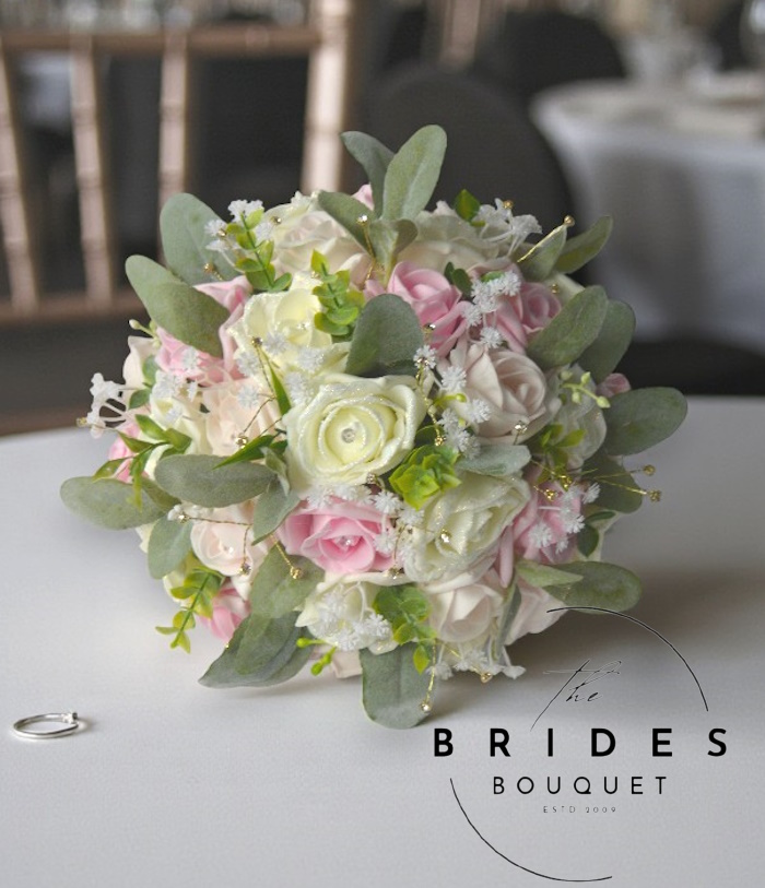 pink blush and ivory rose wedding bouquet natural look brides artificial flowers uk realistic artificial flower bouquet of roses with lambsear and baby breath
