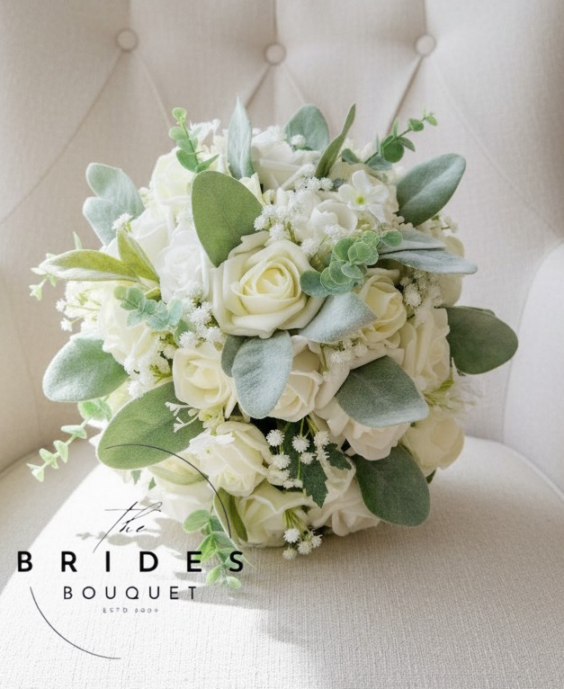 white and ivory realistic faux rose bridal bouquet with natural look foliage lambs ear felicity