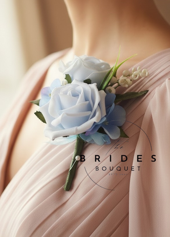 blue hydrangea and faux rose wedding buttonholes with lily of the valley