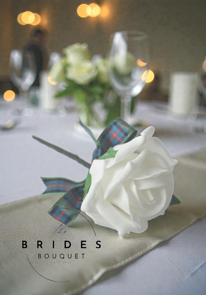 rose buttonhole with tartan bow artificial fake wedding buttonholes for guests