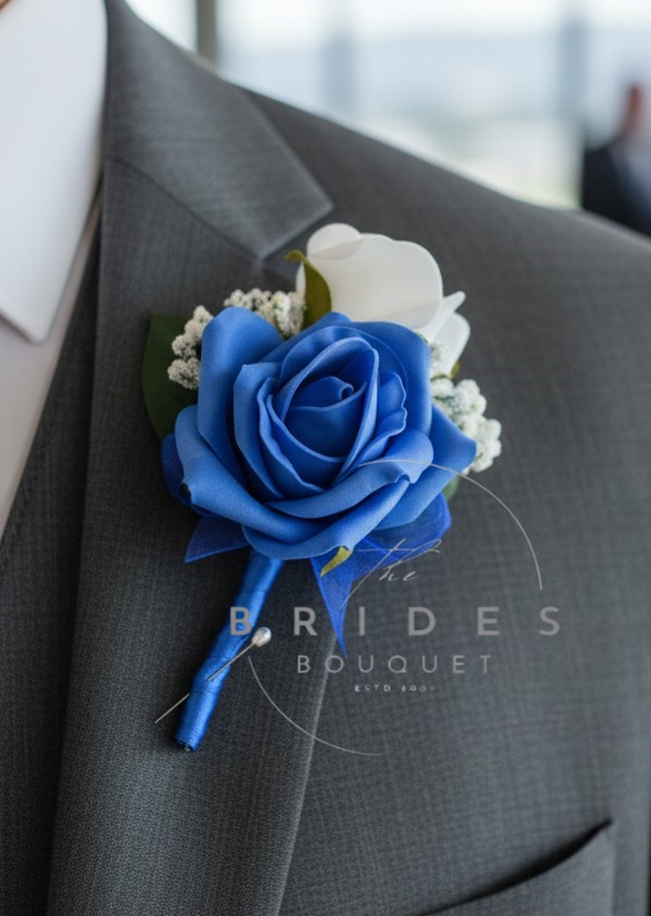 any colour double rose wedding buttonhole with white baby breath gyp