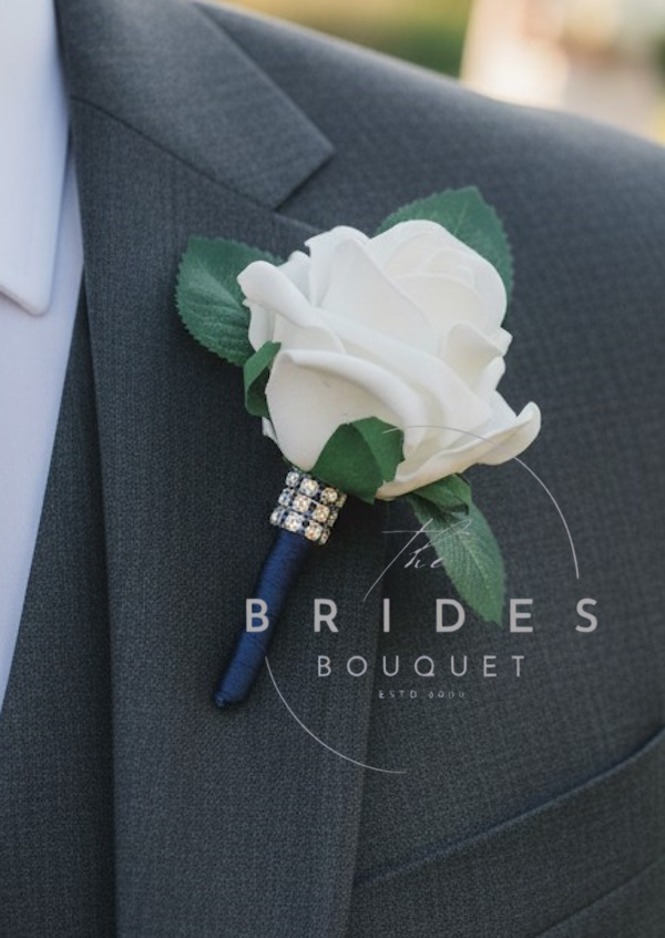 artificial rose wedding buttonholes with diamante trim and ribbon Rose wedding buttonhole with diamante trim artificial corsage