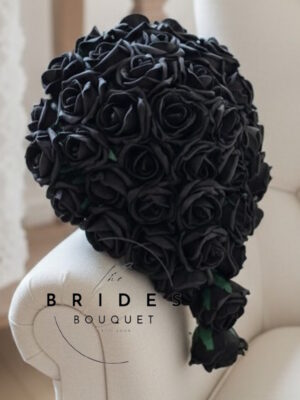 Black rose bridal tear bouquet with ribbon wrapped handle