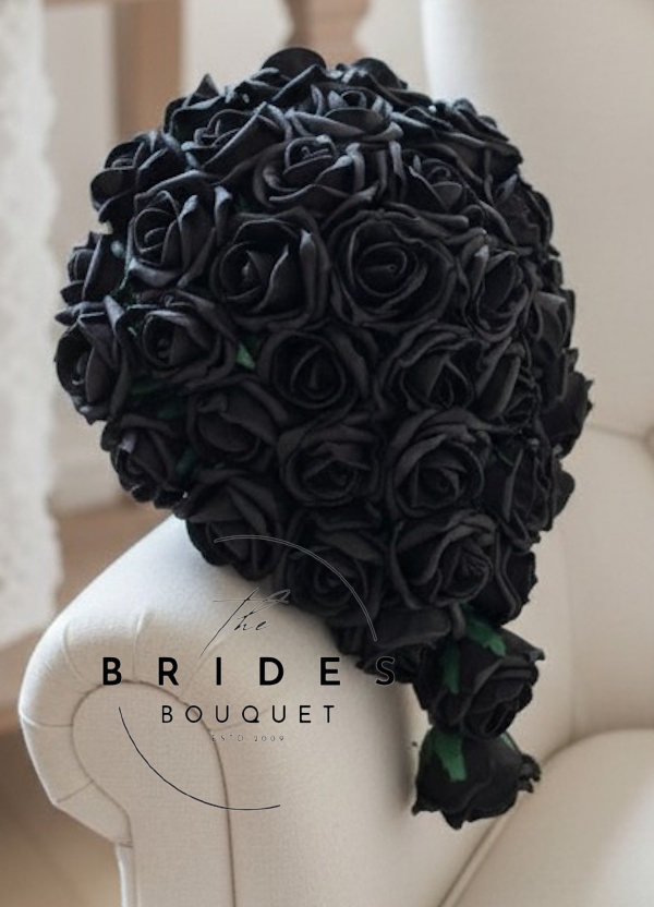 bridal tear bouquet of black roses goth wedding flowers artificial cascade uk budget bride Black rose bridal tear bouquet with ribbon wrapped handle