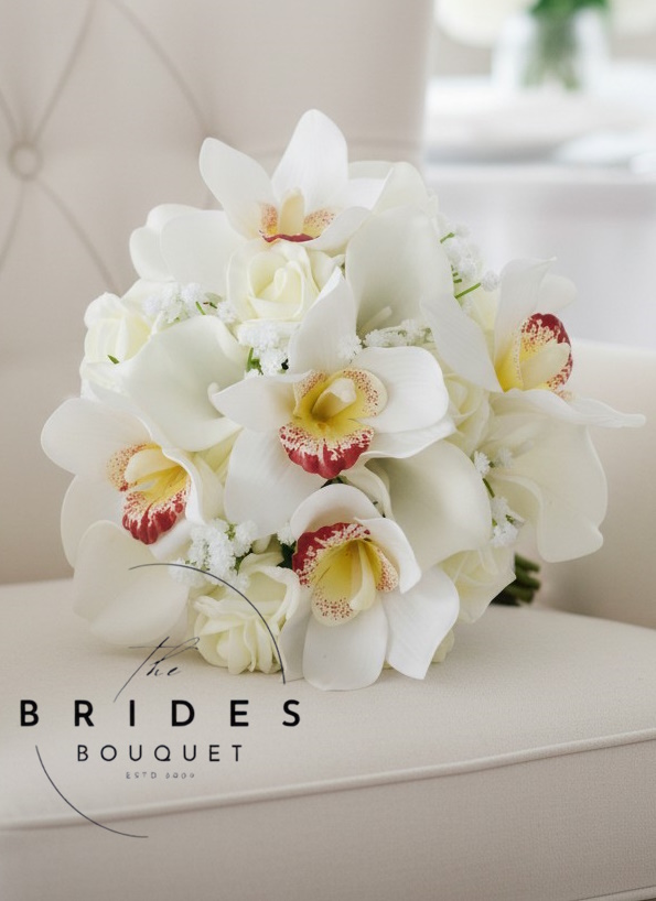 cymbidium orchid wedding bouquet with roses medium size artificial posy bouquet bridesmaids Ivory orchid bridesmaid bouquet with cymbidium orchids roses and calla lilies handmade to order