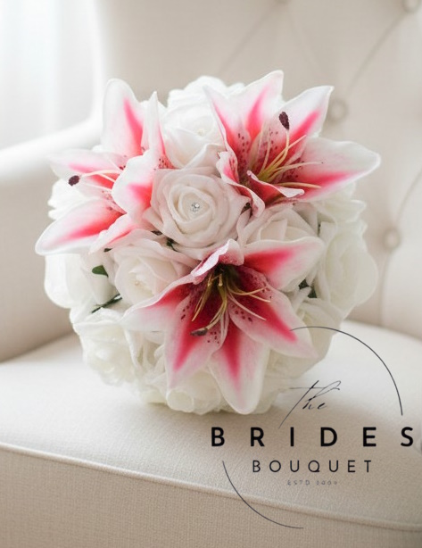 pink red stargazer lily and faux rose wedding bouquets for bridesmaids artificial