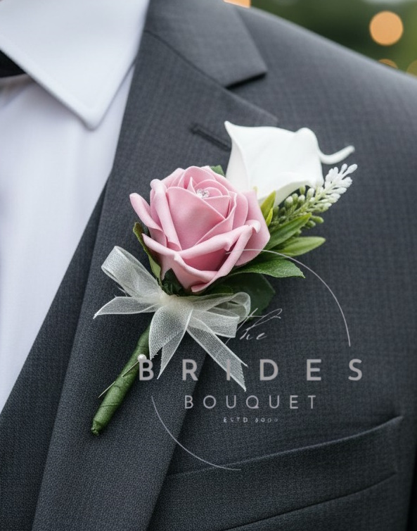 rose astilbe and calla lily wedding buttonhole for groom bestman fathers