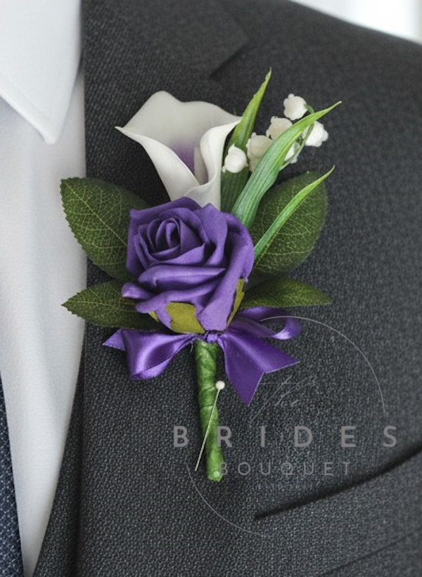 artificial rose calla lily and lily of the valley wedding buttonhole faux flowers groom