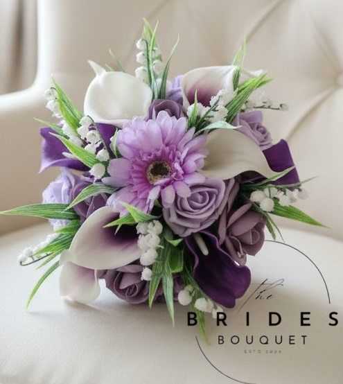 artificial wedding bouquet bridesmaids size roses calla lily gerbera and lily valley purple theme