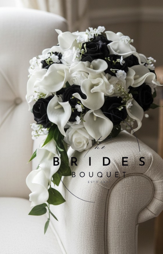 black white brides teardrop bouquet roses calla lily gyp