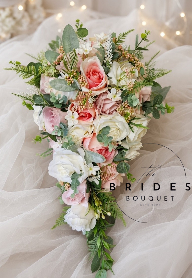 bridal tear bouquet of silk roses and natural look foliage pink shades