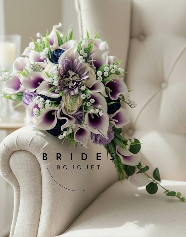 bridal tear bouquet with dusky lilac gerbera rose and purple calla roses lily of the valley