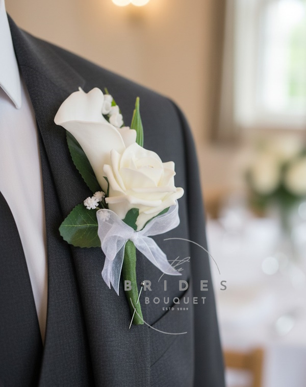 calla lily and rose grooms buttonhole with lily of the valley and baby breath