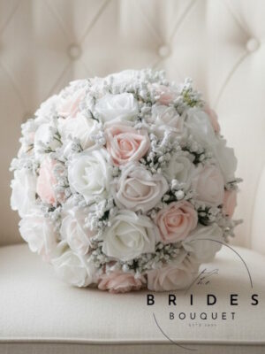 roses and gypsophila wedding flowers in custom colours, personalised faux bridal bouquet, made-to-order artificial wedding flowers