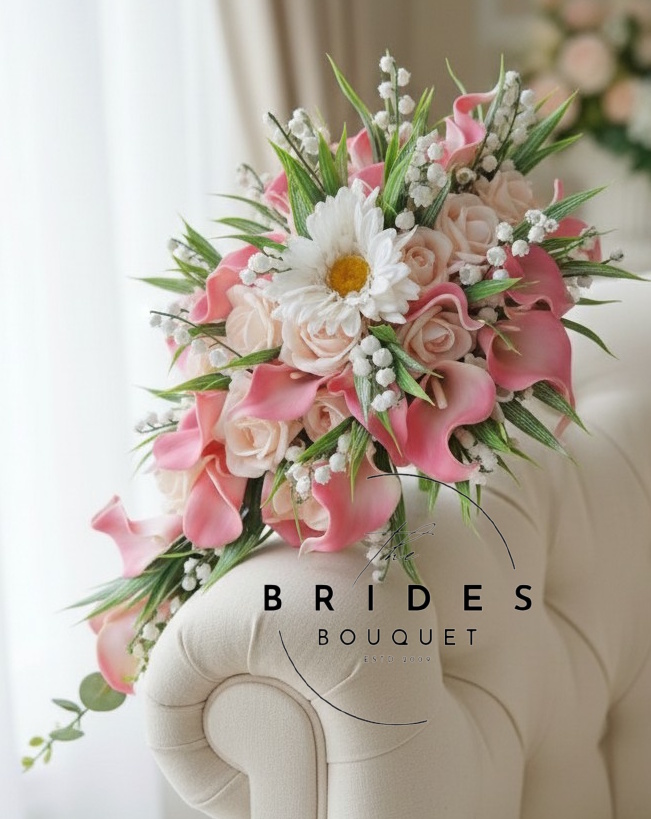 pink artificial wedding flowers calla lily roses gerbera and lily of the valley artificial wedding teardrop bouquet with gerbera and calla lilies