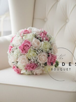 roses and gypsophila wedding flowers in custom colours, personalised faux bridal bouquet, made-to-order artificial wedding flowers