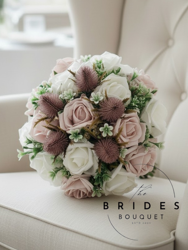 pink scottish thistle wedding bouquets artificial roses bridesmaids bride