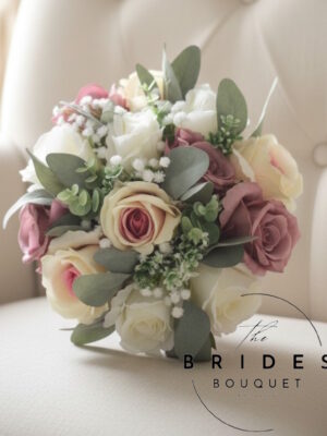 Silk rose bridal bouquet with realistic foliage and filler flowers