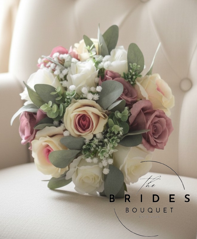 silk rose and lambs ear foliage natural look realistic wedding bouquets for brides and bridesmaids Silk rose bridal bouquet with realistic foliage and filler flowers