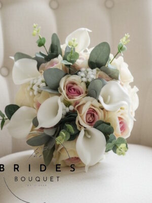 Realistic silk rose wedding bouquet with calla lilies and foliage bridal flowers