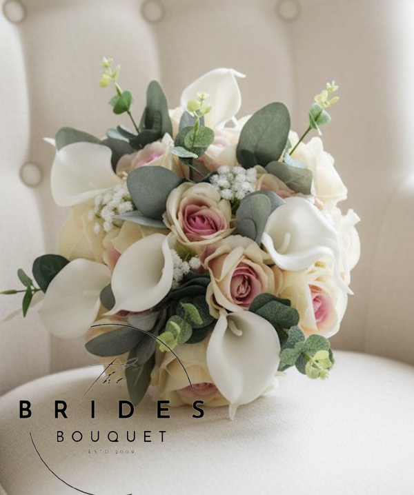 silk rose natural look wedding boquuet with real touch calla lily and foliage any colour wedding flowers uk Realistic silk rose wedding bouquet with calla lilies and foliage bridal flowers