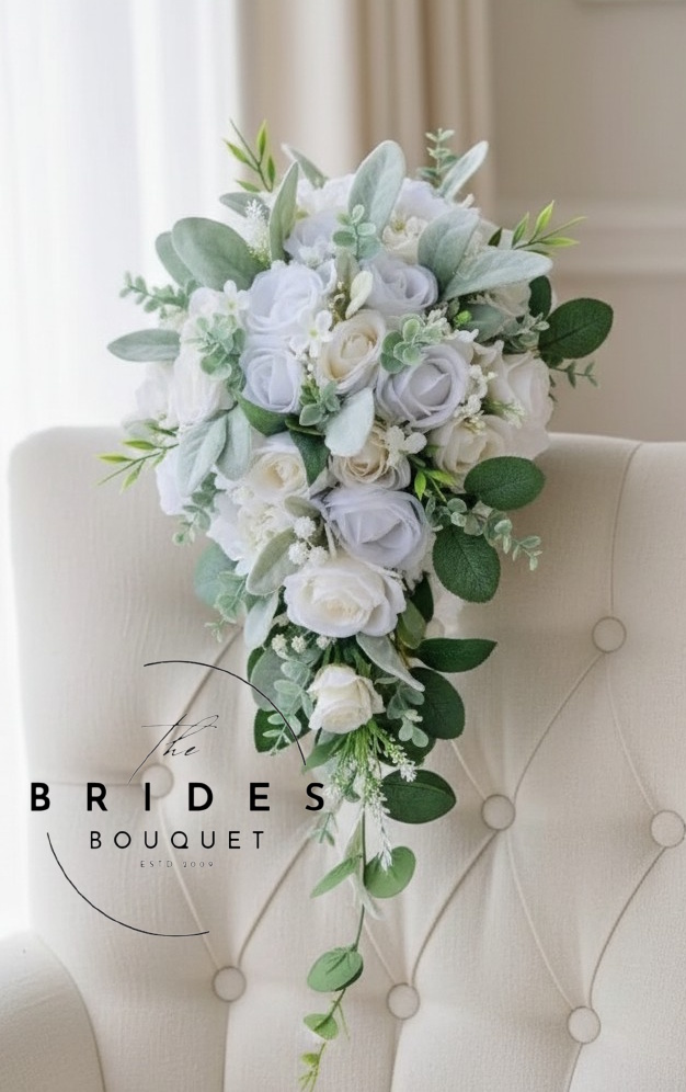 silk rose wedding casecade bouquet teardrop bridal flowers in any colours natural realistic White silk rose teardrop bridal bouquet with natural look foliage