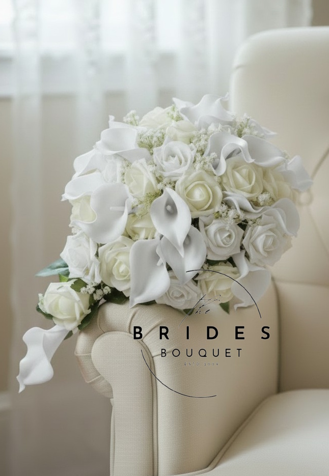 teardrop bridal bouquet of artificial roses gypsophila and calla lily any colours